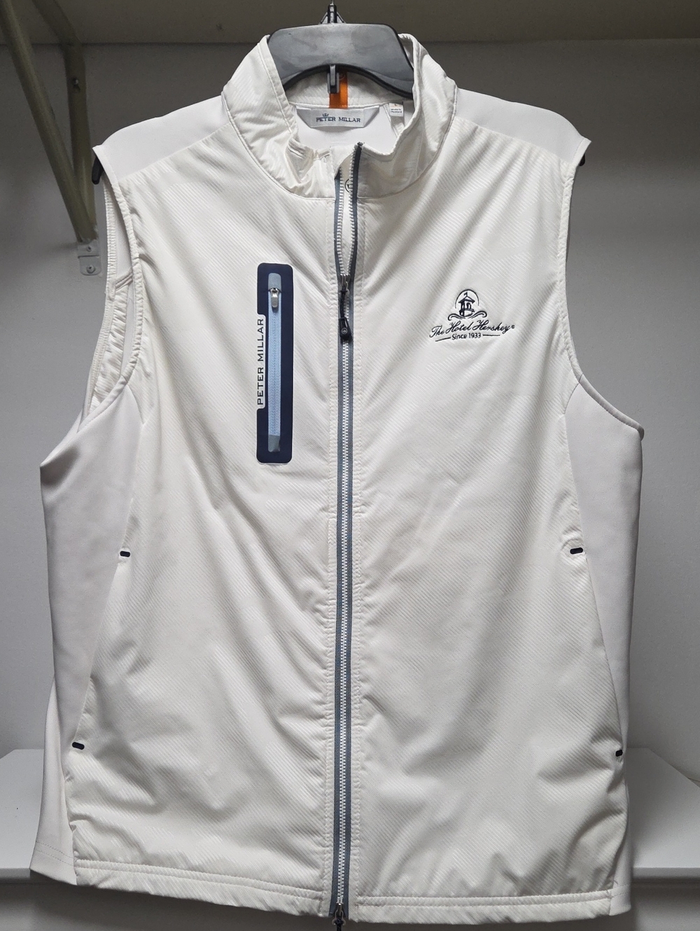 Peter Millar White Performance Zip Vest with Navy Accents